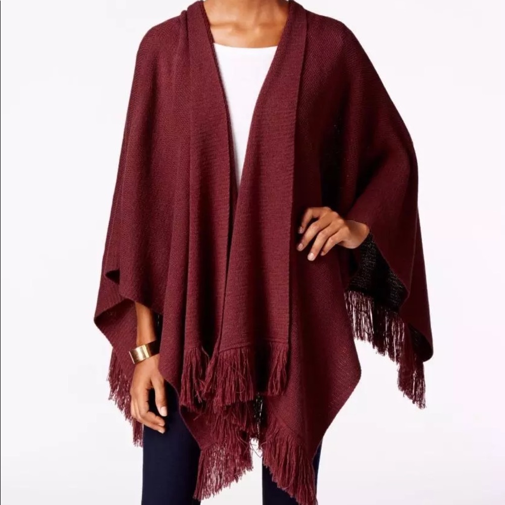 Oversized fringe trim plum poncho warm and cozy